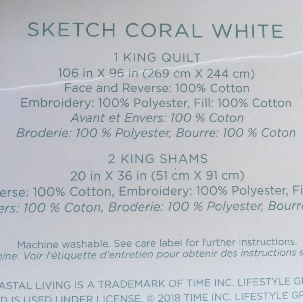 brand new WHITE 3-pc Coastal Living KING Embroidered Coral 100% Cotton Quilt Set
